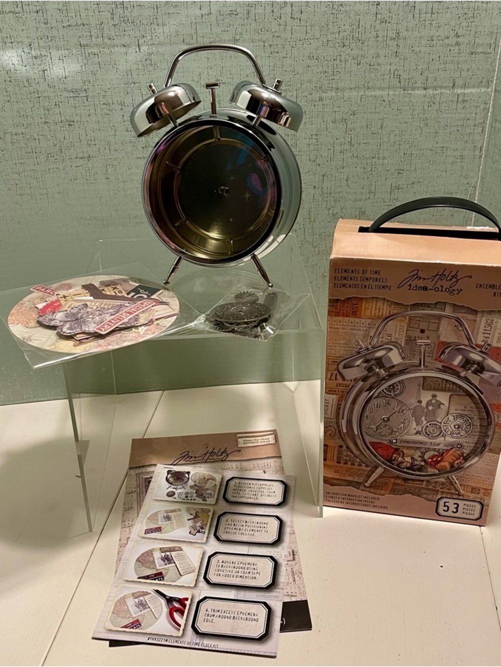NWT TIM HOLTZ ELEMENTS OF TIME Silver Alarm Clock Mixed Media Project Decor